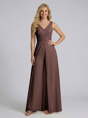 Jumpsuit V-Neck Sleeveless Chiffon Bridesmaid Dresses with Split Side