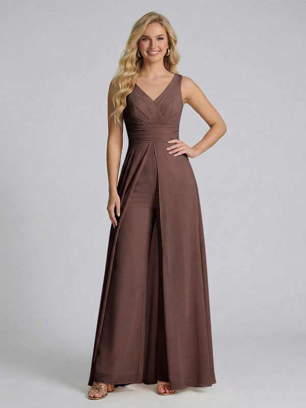 Jumpsuit V-Neck Sleeveless Chiffon Bridesmaid Dresses with Split Side