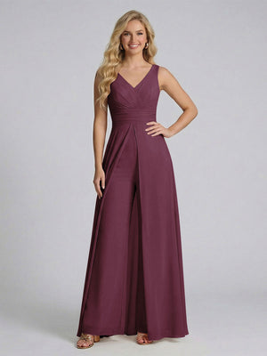 Jumpsuit V-Neck Sleeveless Chiffon Bridesmaid Dresses with Split Side