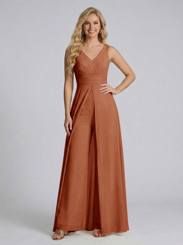 Jumpsuit V-Neck Sleeveless Chiffon Bridesmaid Dresses with Split Side
