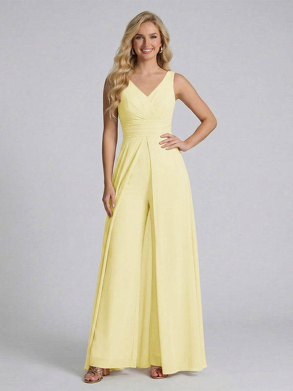 Jumpsuit V-Neck Sleeveless Chiffon Bridesmaid Dresses with Split Side