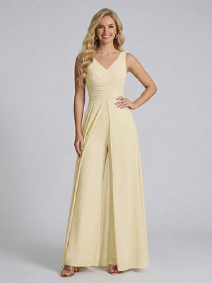 Jumpsuit V-Neck Sleeveless Chiffon Bridesmaid Dresses with Split Side