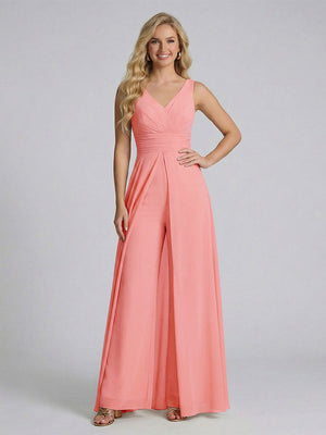 Jumpsuit V-Neck Sleeveless Chiffon Bridesmaid Dresses with Split Side