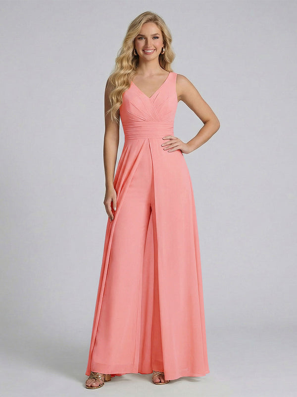 Jumpsuit V-Neck Sleeveless Chiffon Bridesmaid Dresses with Split Side
