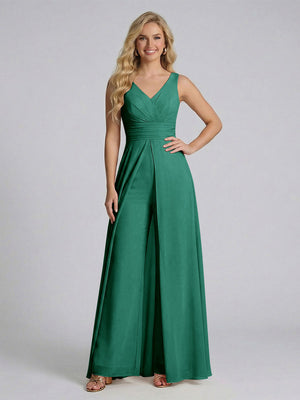 Jumpsuit V-Neck Sleeveless Chiffon Bridesmaid Dresses with Split Side