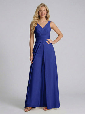 Jumpsuit V-Neck Sleeveless Chiffon Bridesmaid Dresses with Split Side