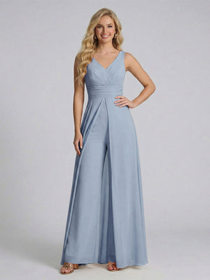 Jumpsuit V-Neck Sleeveless Chiffon Bridesmaid Dresses with Split Side