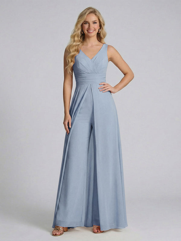 Jumpsuit V-Neck Sleeveless Chiffon Bridesmaid Dresses with Split Side