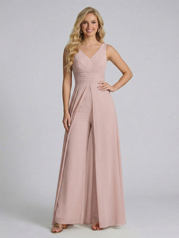 Jumpsuit V-Neck Sleeveless Chiffon Bridesmaid Dresses with Split Side