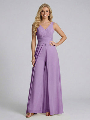 Jumpsuit V-Neck Sleeveless Chiffon Bridesmaid Dresses with Split Side