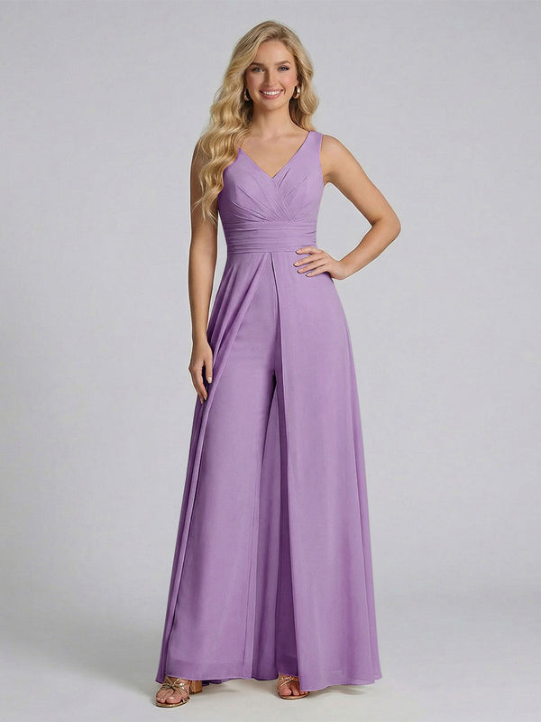 Jumpsuit V-Neck Sleeveless Chiffon Bridesmaid Dresses with Split Side