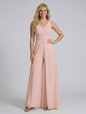 Jumpsuit V-Neck Sleeveless Chiffon Bridesmaid Dresses with Split Side