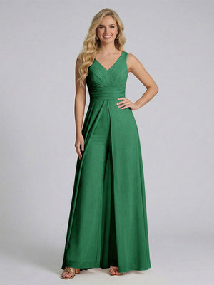 Jumpsuit V-Neck Sleeveless Chiffon Bridesmaid Dresses with Split Side