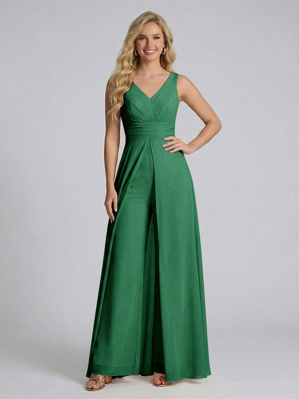 Jumpsuit V-Neck Sleeveless Chiffon Bridesmaid Dresses with Split Side