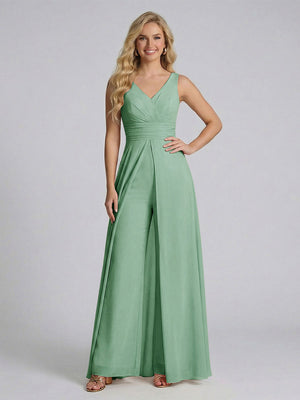 Jumpsuit V-Neck Sleeveless Chiffon Bridesmaid Dresses with Split Side