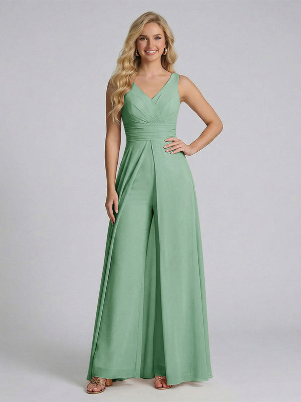 Jumpsuit V-Neck Sleeveless Chiffon Bridesmaid Dresses with Split Side