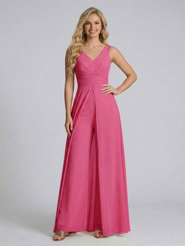 Jumpsuit V-Neck Sleeveless Chiffon Bridesmaid Dresses with Split Side