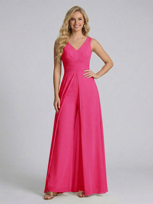Jumpsuit V-Neck Sleeveless Chiffon Bridesmaid Dresses with Split Side