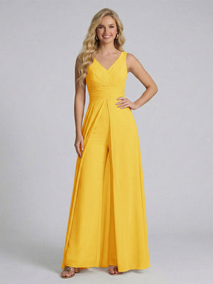 Jumpsuit V-Neck Sleeveless Chiffon Bridesmaid Dresses with Split Side