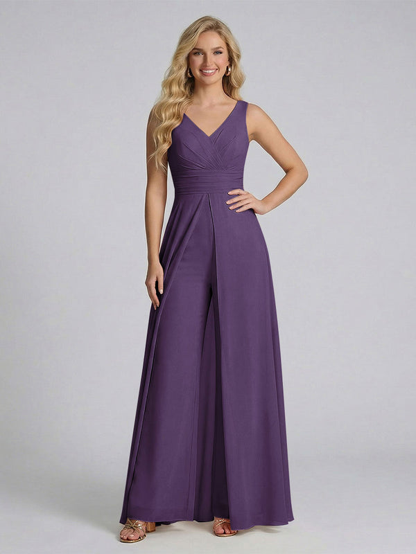 Jumpsuit V-Neck Sleeveless Chiffon Bridesmaid Dresses with Split Side