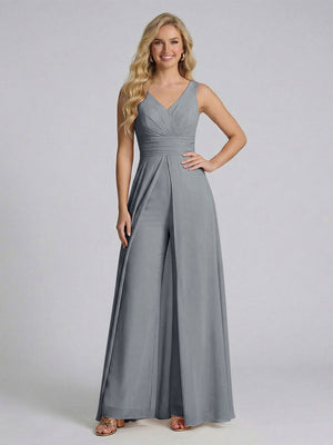 Jumpsuit V-Neck Sleeveless Chiffon Bridesmaid Dresses with Split Side