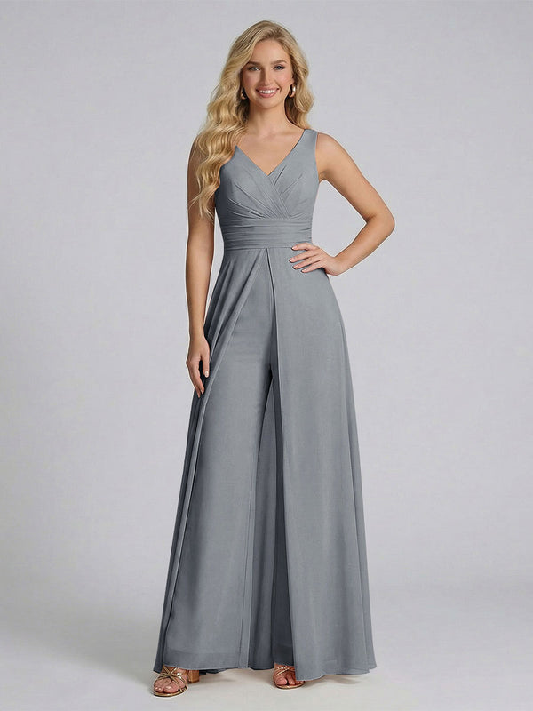 Jumpsuit V-Neck Sleeveless Chiffon Bridesmaid Dresses with Split Side