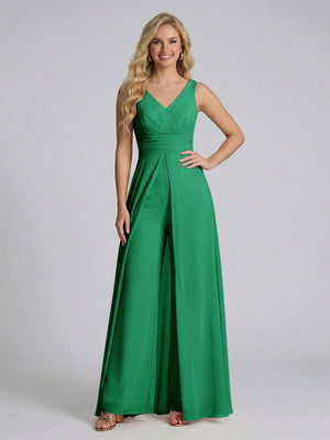 Jumpsuit V-Neck Sleeveless Chiffon Bridesmaid Dresses with Split Side
