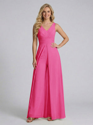 Jumpsuit V-Neck Sleeveless Chiffon Bridesmaid Dresses with Split Side