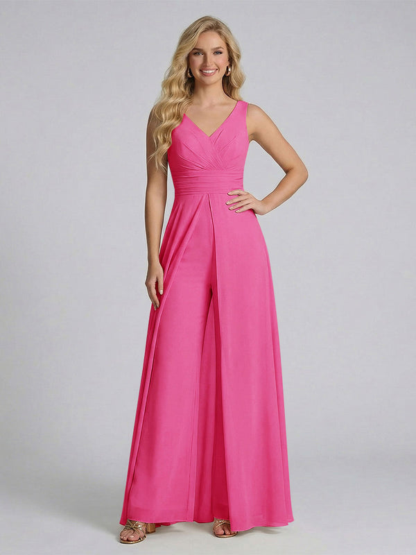 Jumpsuit V-Neck Sleeveless Chiffon Bridesmaid Dresses with Split Side