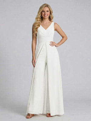 Jumpsuit V-Neck Sleeveless Chiffon Bridesmaid Dresses with Split Side