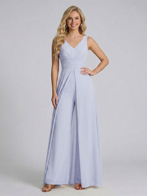 Jumpsuit V-Neck Sleeveless Chiffon Bridesmaid Dresses with Split Side