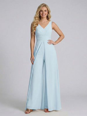 Jumpsuit V-Neck Sleeveless Chiffon Bridesmaid Dresses with Split Side