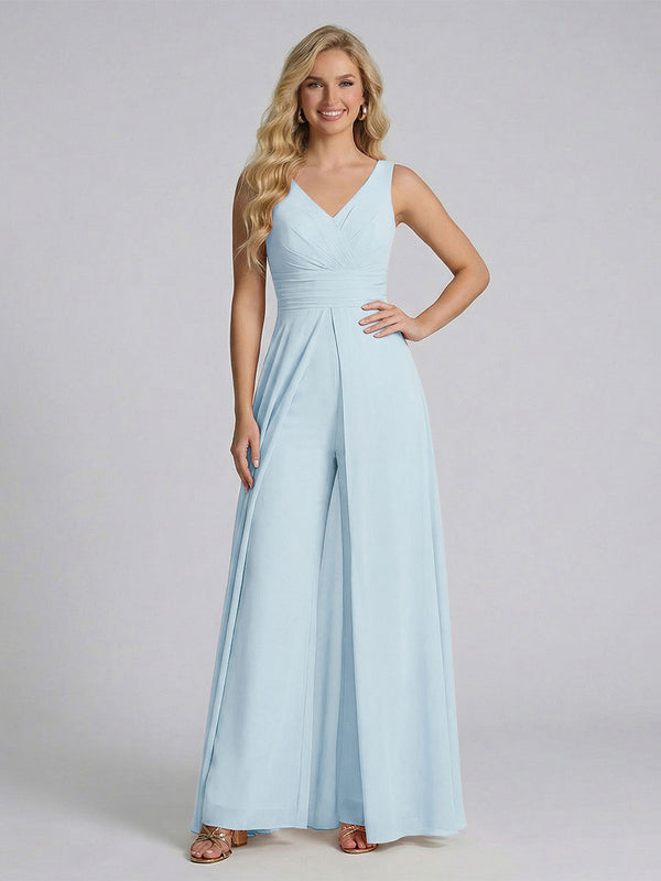 Jumpsuit V-Neck Sleeveless Chiffon Bridesmaid Dresses with Split Side