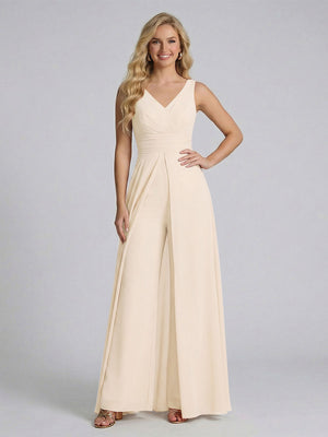 Jumpsuit V-Neck Sleeveless Chiffon Bridesmaid Dresses with Split Side