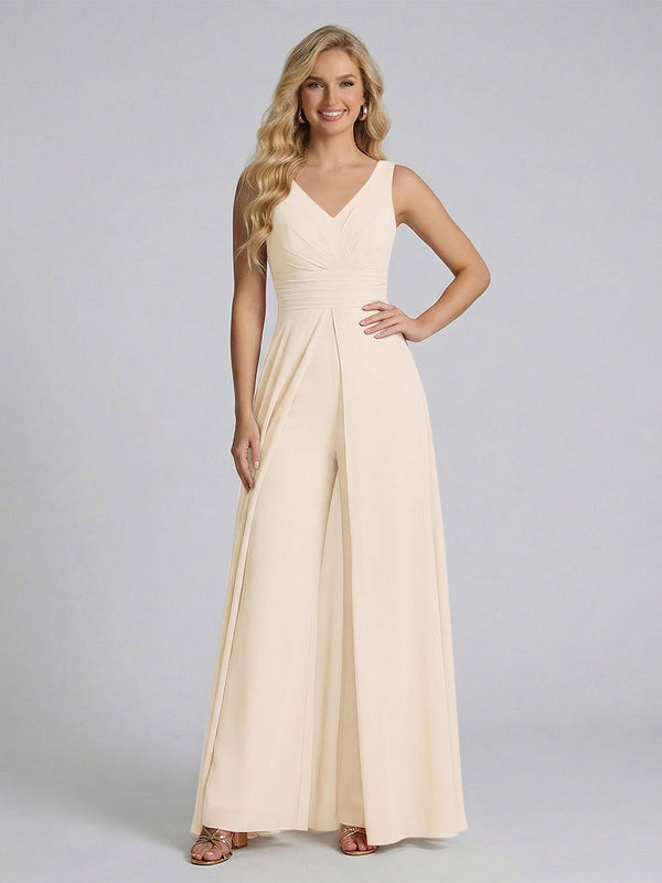 Jumpsuit V-Neck Sleeveless Chiffon Bridesmaid Dresses with Split Side