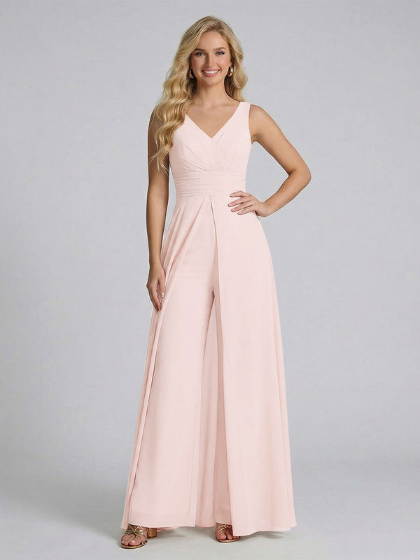 Jumpsuit V-Neck Sleeveless Chiffon Bridesmaid Dresses with Split Side
