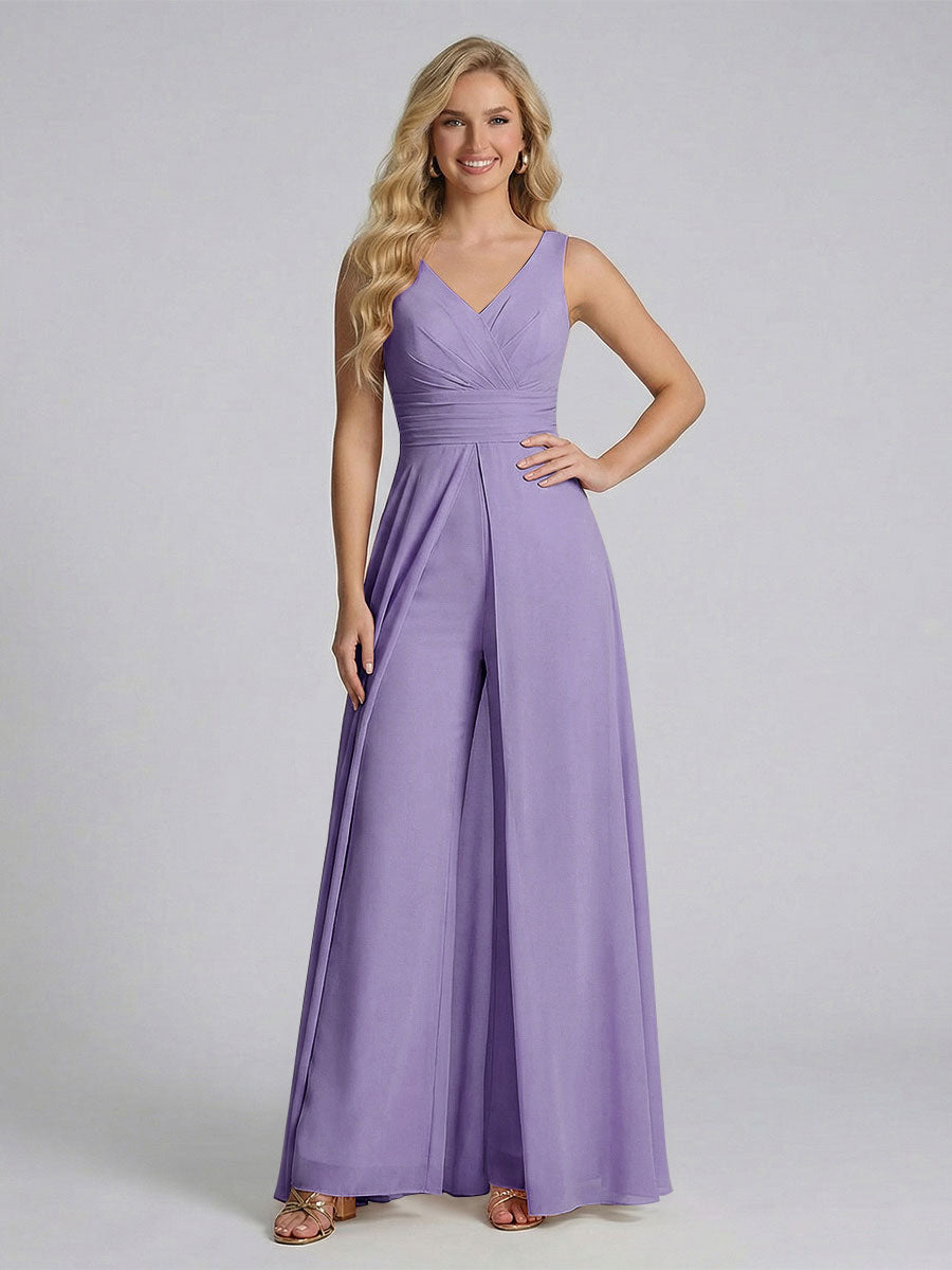 Jumpsuit V-Neck Sleeveless Chiffon Bridesmaid Dresses with Split Side