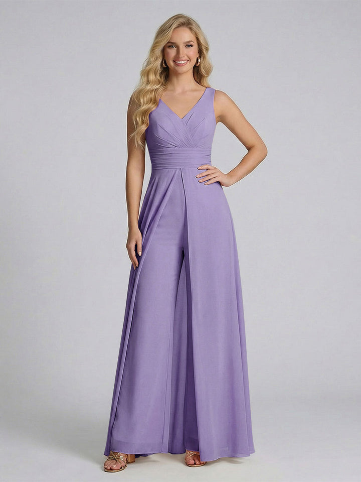 Jumpsuit V-Neck Sleeveless Chiffon Bridesmaid Dresses with Split Side