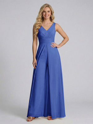 Jumpsuit V-Neck Sleeveless Chiffon Bridesmaid Dresses with Split Side