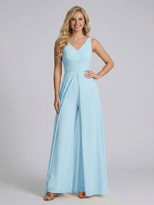 Jumpsuit V-Neck Sleeveless Chiffon Bridesmaid Dresses with Split Side