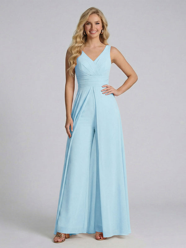 Jumpsuit V-Neck Sleeveless Chiffon Bridesmaid Dresses with Split Side