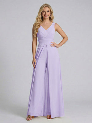 Jumpsuit V-Neck Sleeveless Chiffon Bridesmaid Dresses with Split Side