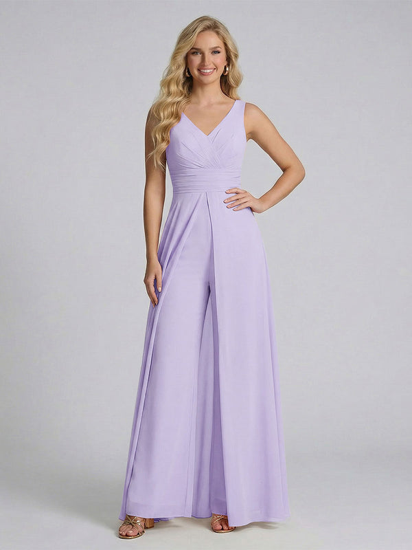 Jumpsuit V-Neck Sleeveless Chiffon Bridesmaid Dresses with Split Side