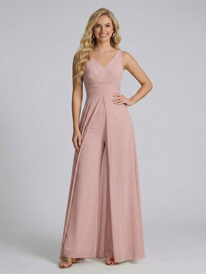 Jumpsuit V-Neck Sleeveless Chiffon Bridesmaid Dresses with Split Side