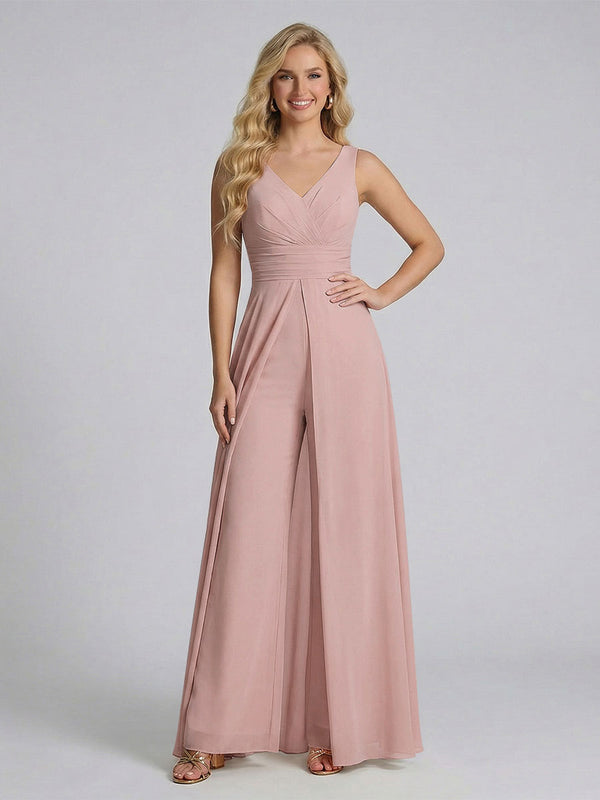 Jumpsuit V-Neck Sleeveless Chiffon Bridesmaid Dresses with Split Side