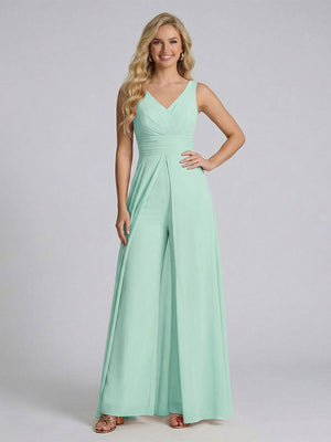 Jumpsuit V-Neck Sleeveless Chiffon Bridesmaid Dresses with Split Side