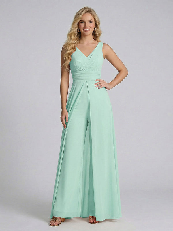 Jumpsuit V-Neck Sleeveless Chiffon Bridesmaid Dresses with Split Side
