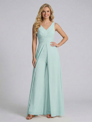 Jumpsuit V-Neck Sleeveless Chiffon Bridesmaid Dresses with Split Side