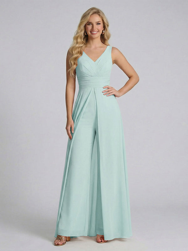 Jumpsuit V-Neck Sleeveless Chiffon Bridesmaid Dresses with Split Side