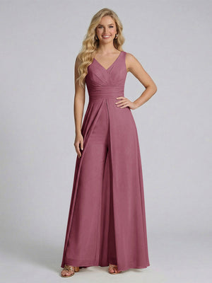 Jumpsuit V-Neck Sleeveless Chiffon Bridesmaid Dresses with Split Side
